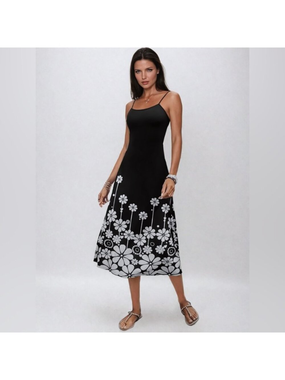 Black/White Floral Print Cami Dress - Picture 4 of 10